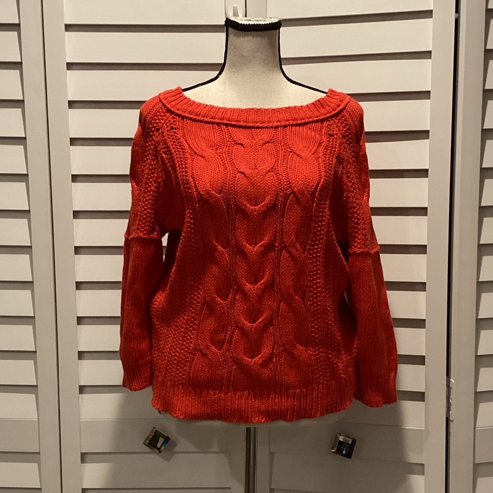 LOFT Vibrant Orange Cable Knit Sweater with 3/4 Sleeves in 100% Cotton.